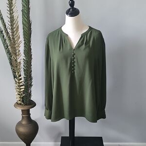 Cato Olive Green Popover Blouse with Hi-Low Hem